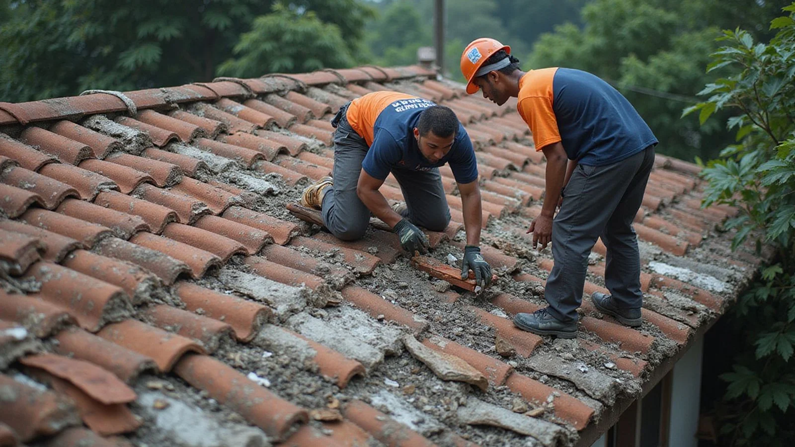 Aged residential roof with widespread cracked and missing tiles