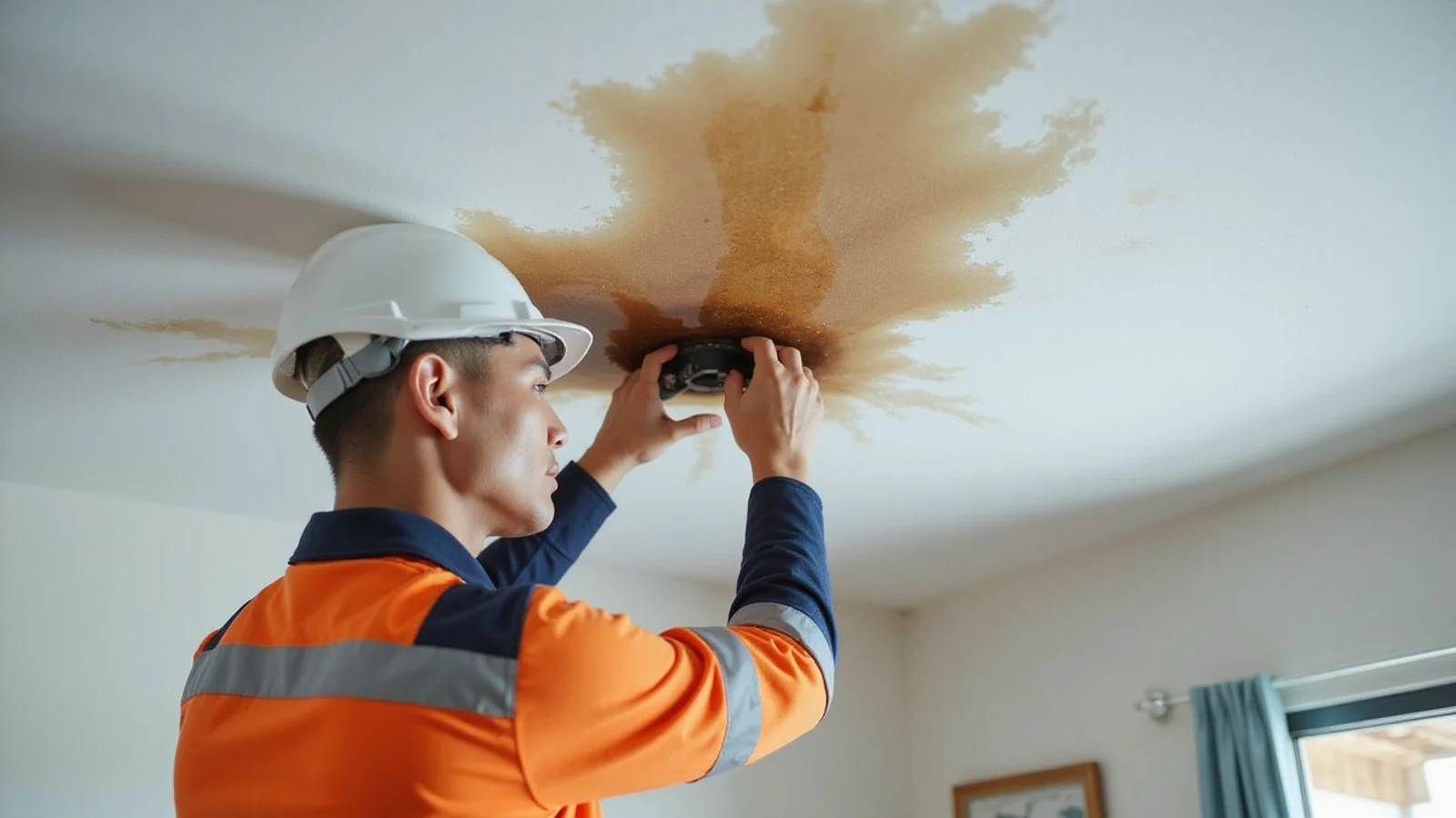 Brown water stain spreading on a white interior ceiling, an early sign of a roof leak