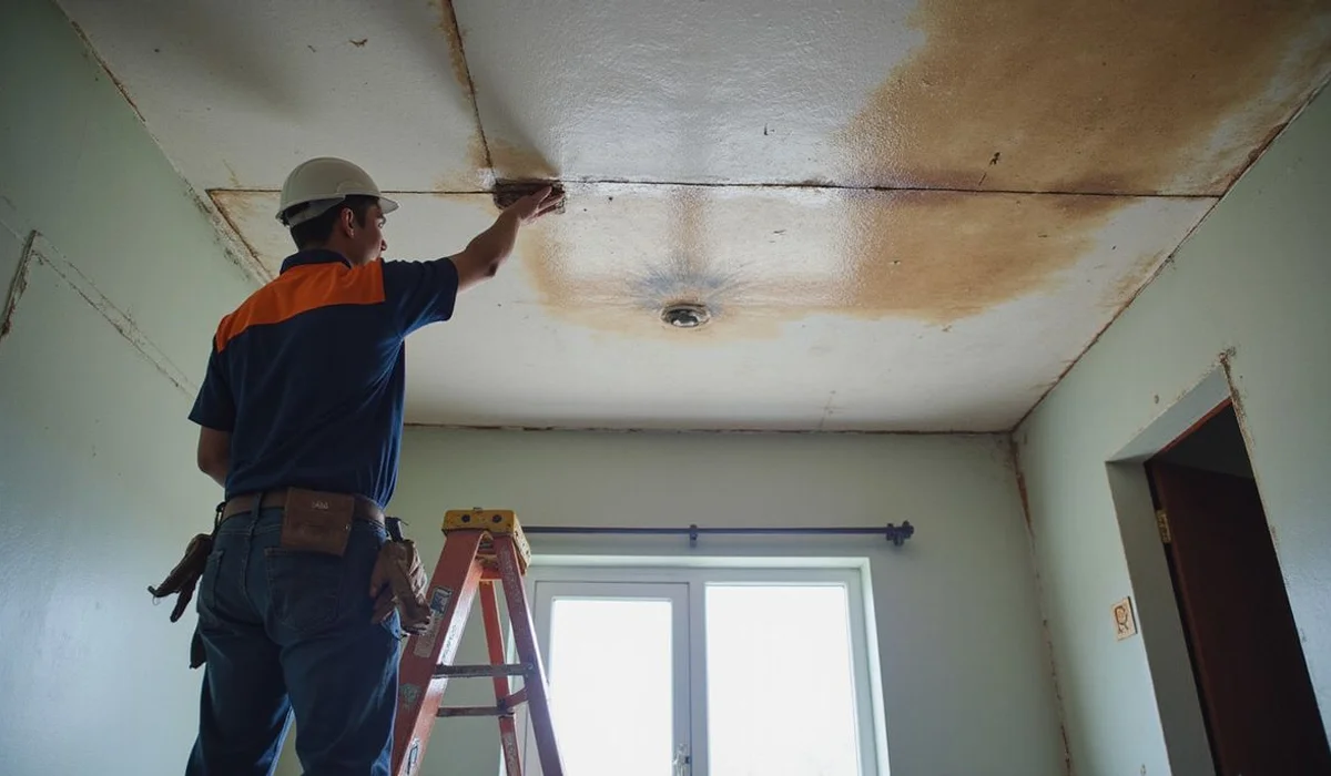 Ceiling stain caused by gutter overflow, often misdiagnosed as a tile leak