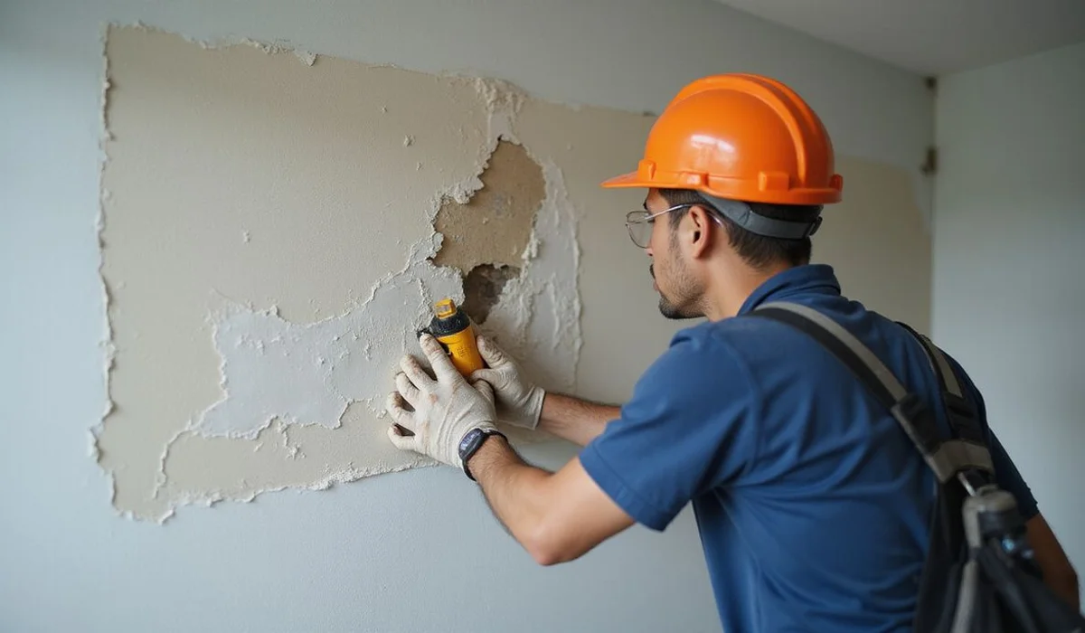Peeling paint and bubbling wall from roof leak moisture
