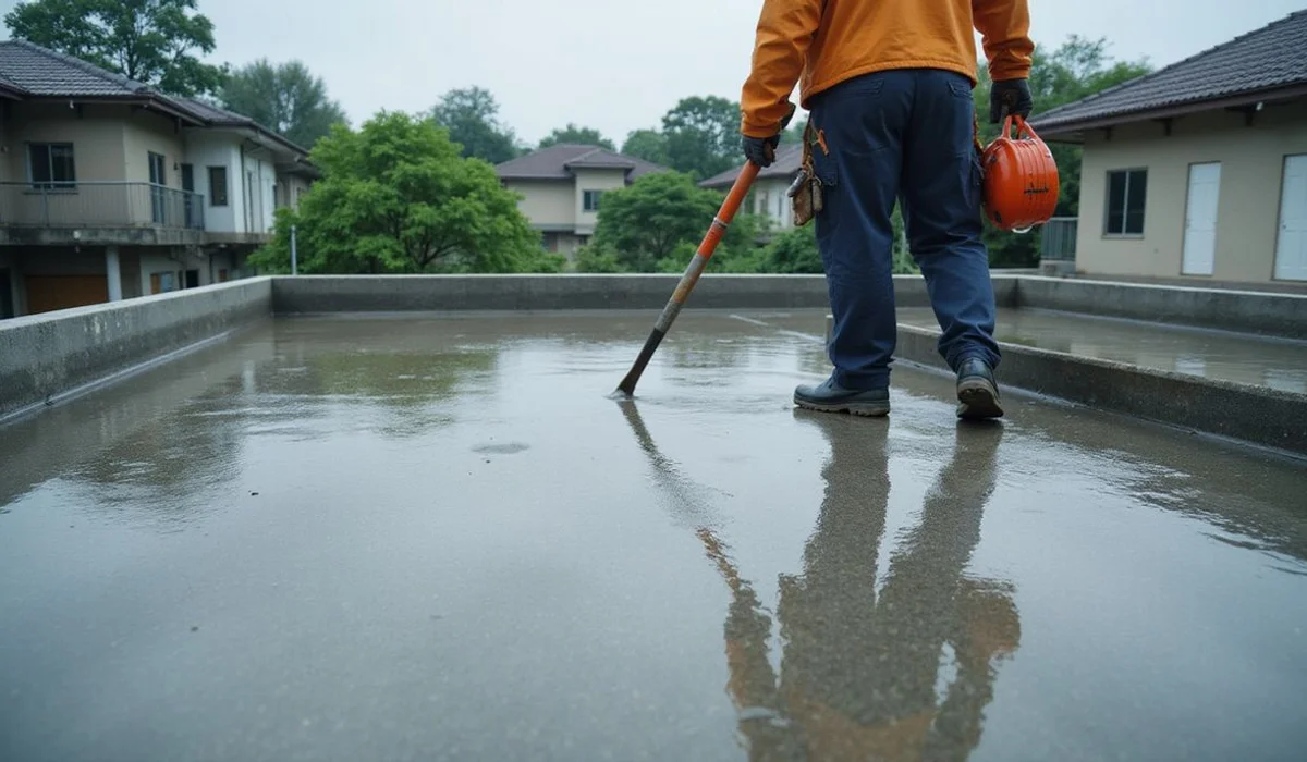 Ponding water on a concrete flat roof slab after rain showing waterproofing failure
