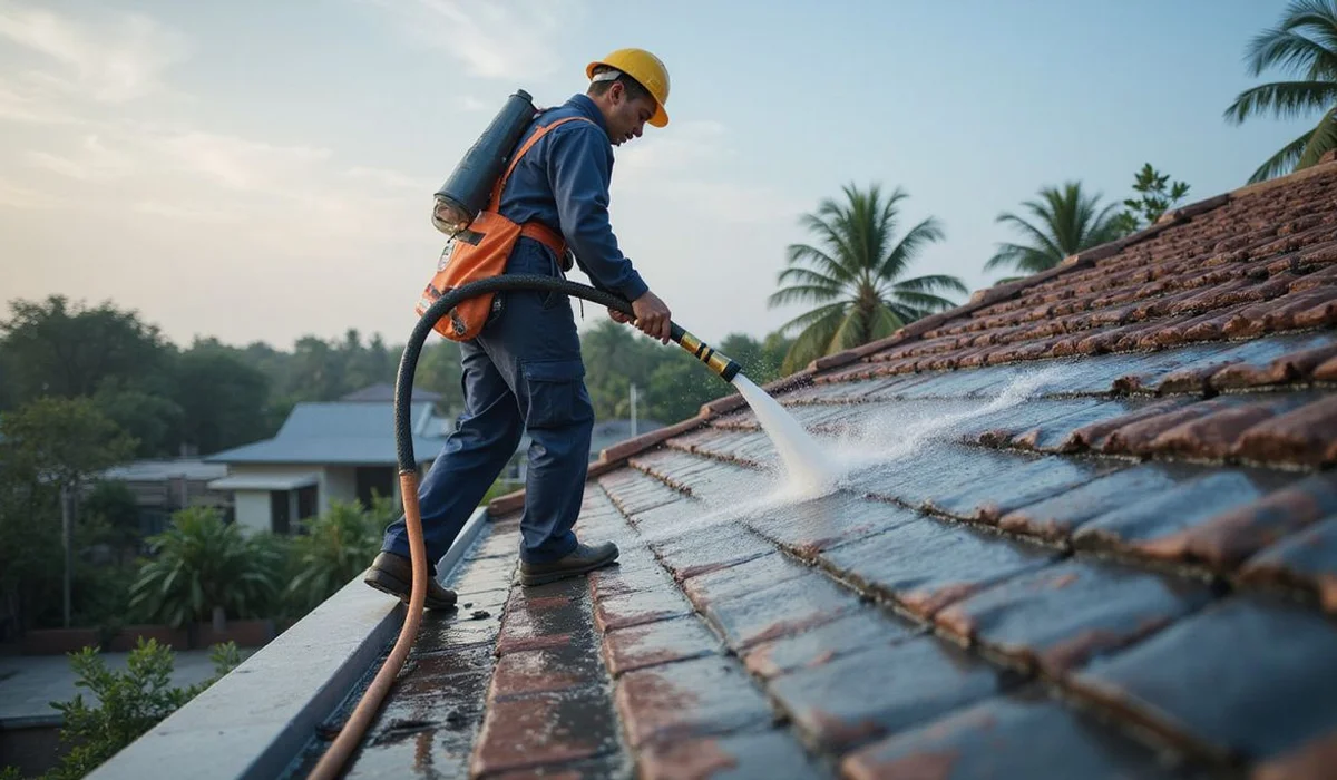 Controlled water test on a roof section to confirm the leak entry point