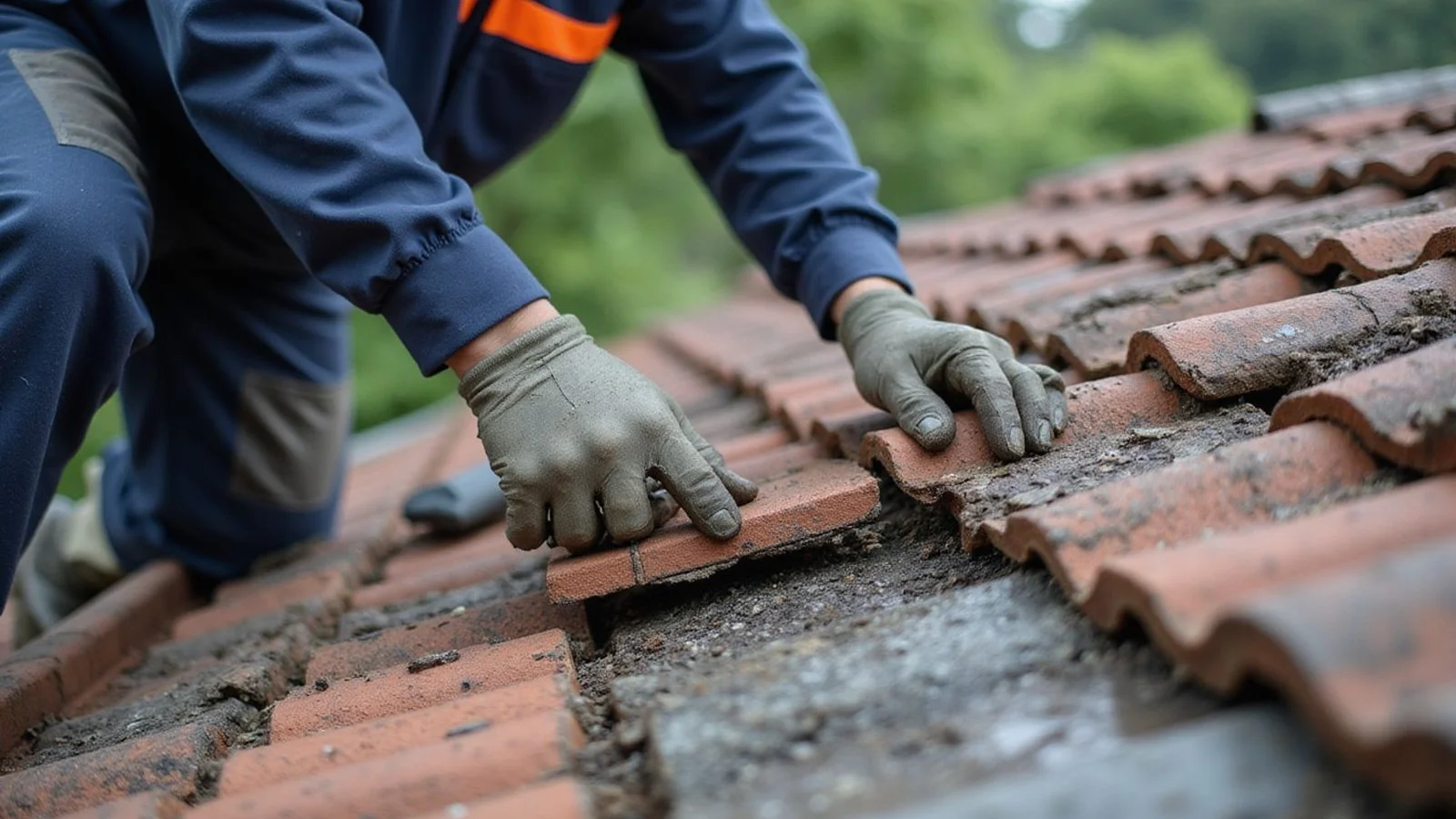 Cracked ridge cap mortar along the peak of a tiled roof