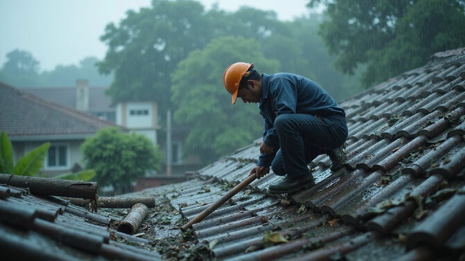 Heavy monsoon rain falling on a tiled Malaysian residential roof