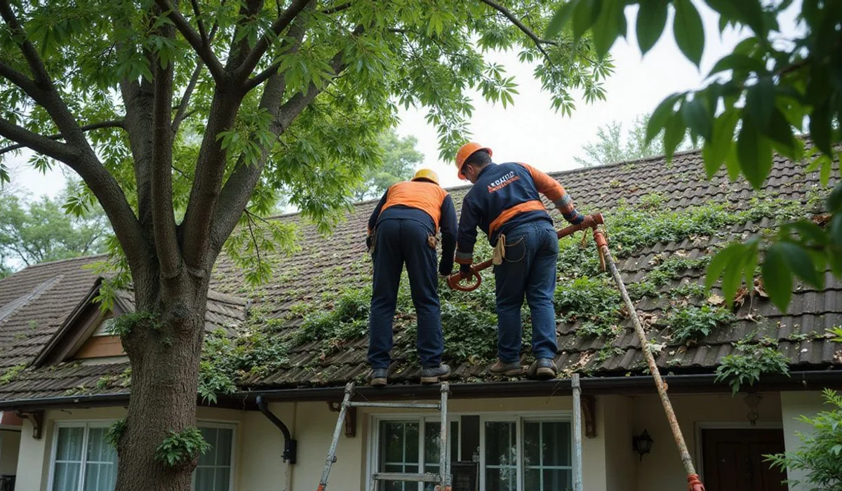 Heavy tree canopy overhanging a roof, causing leaf blockage