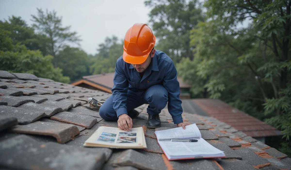 Inspector documenting roof condition with photos for written report