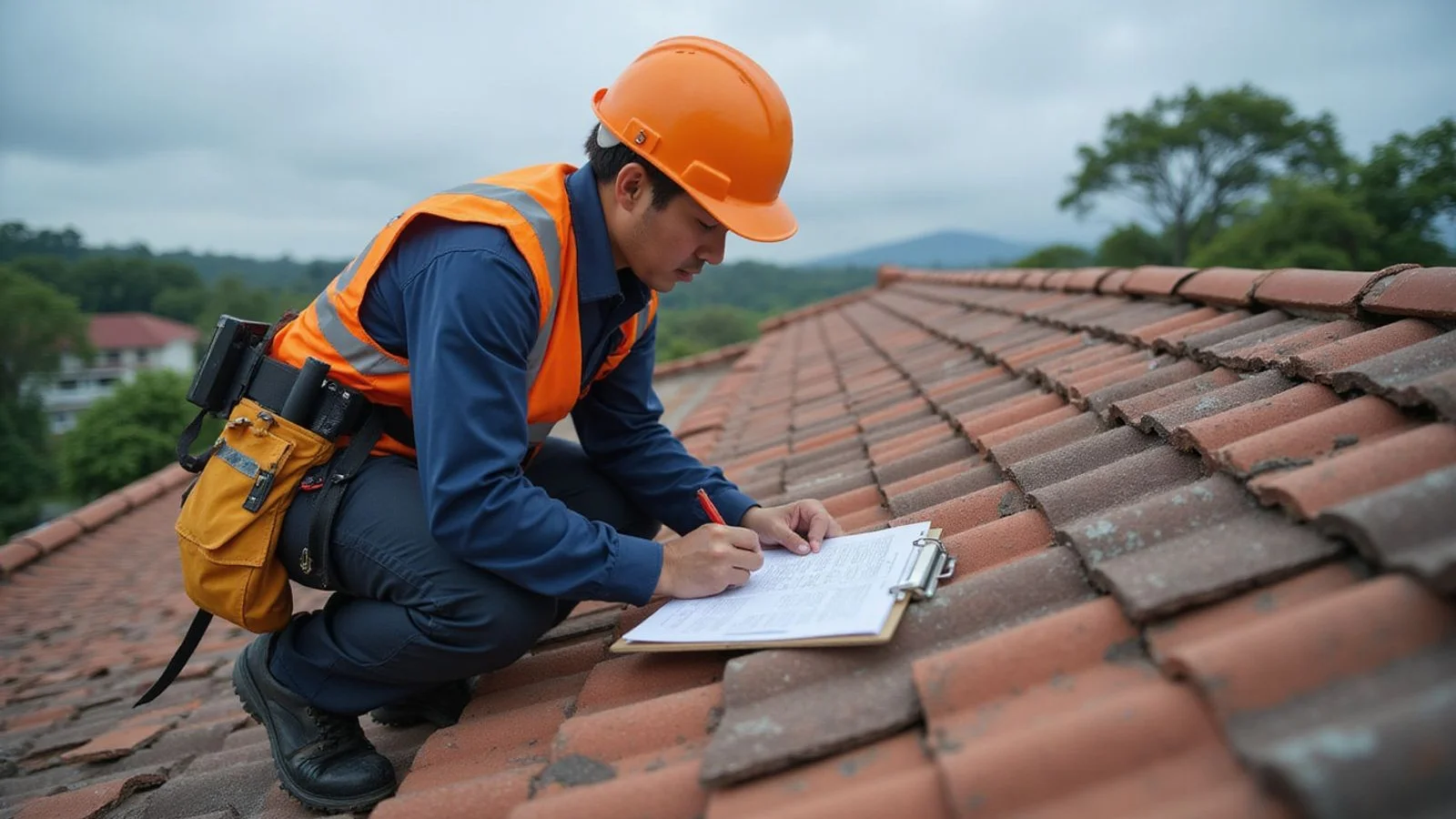 Inspector examining roof tiles and flashing with a clipboard