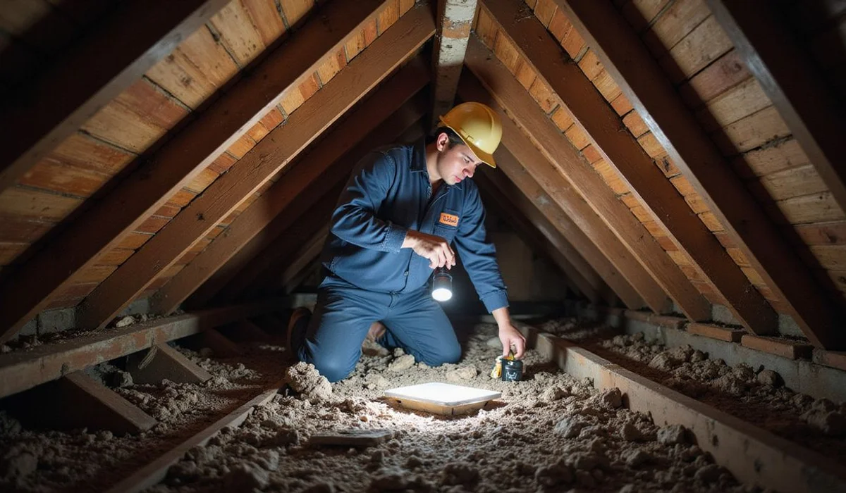 Inspector inside roof cavity checking truss condition