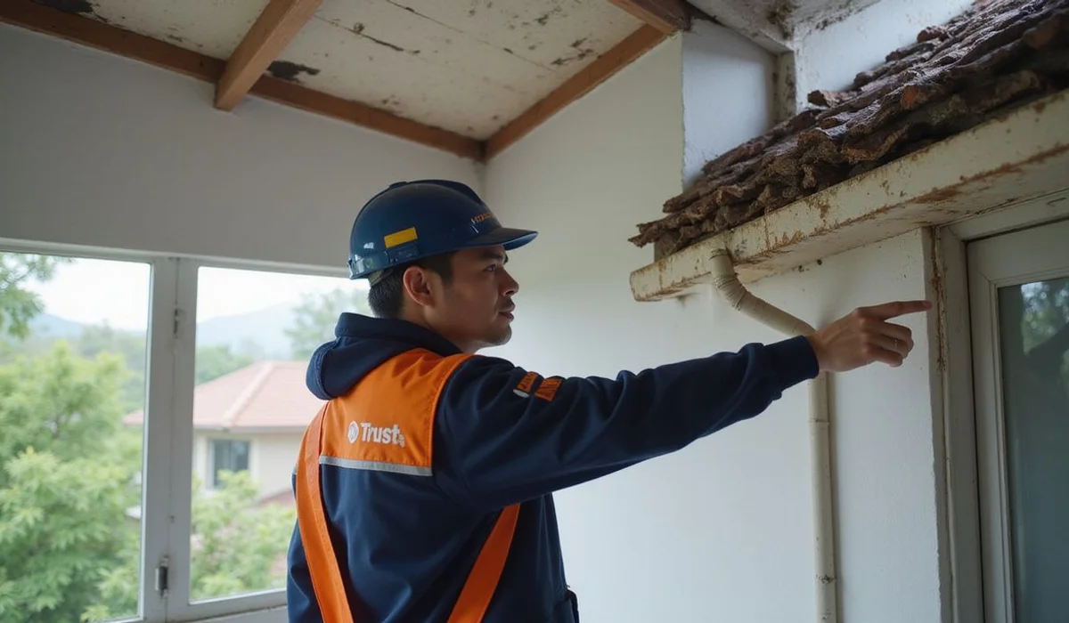 Inspector showing how a blocked gutter is causing the ceiling stain below