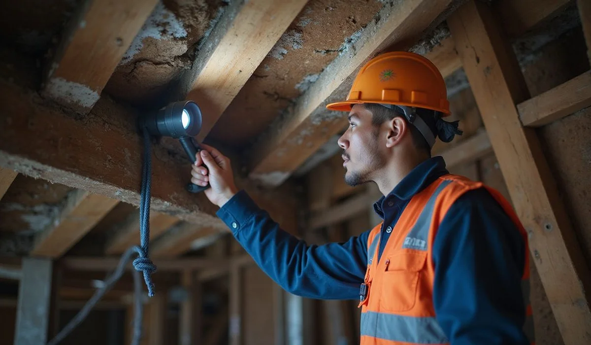 Inspector pointing to a sagging roof chord inside the roof cavity