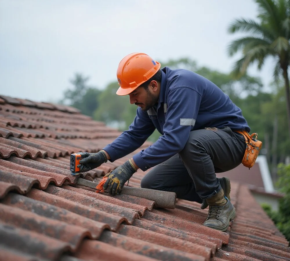 Smart Home Roof Repair lead contractor inspecting a pitched roof in Puchong