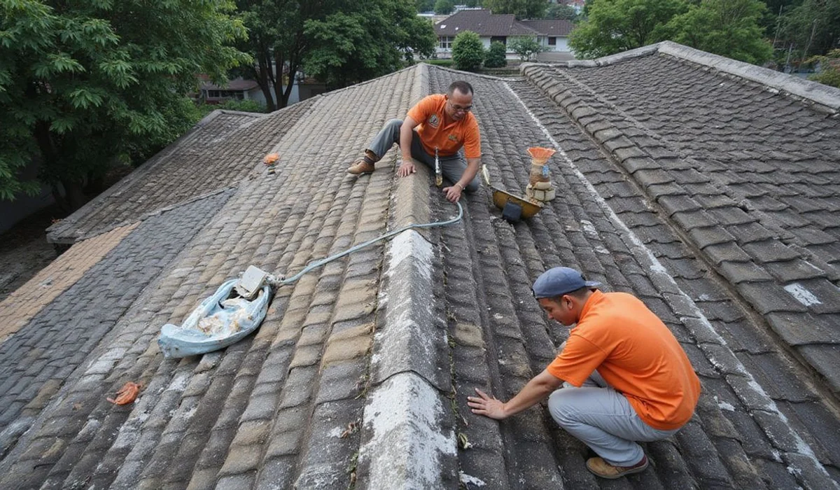 Multiple patch sites visible on an aged roof