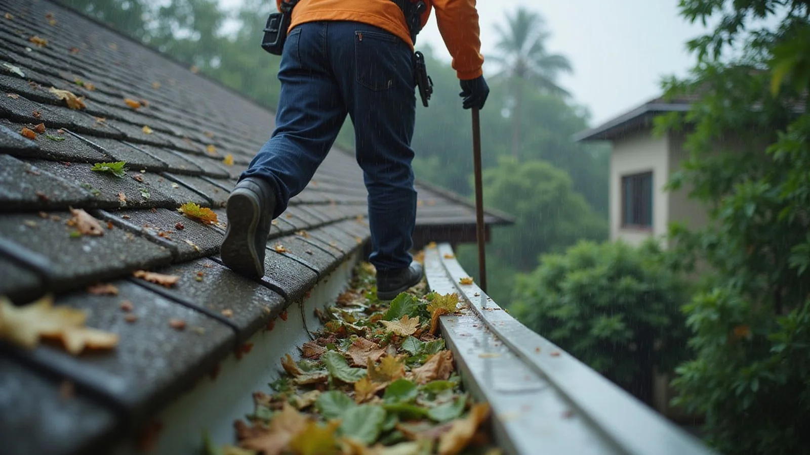 Overflowing gutter clogged with leaves during rain