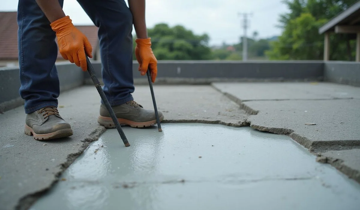 Peeling old waterproof membrane exposing bare concrete slab