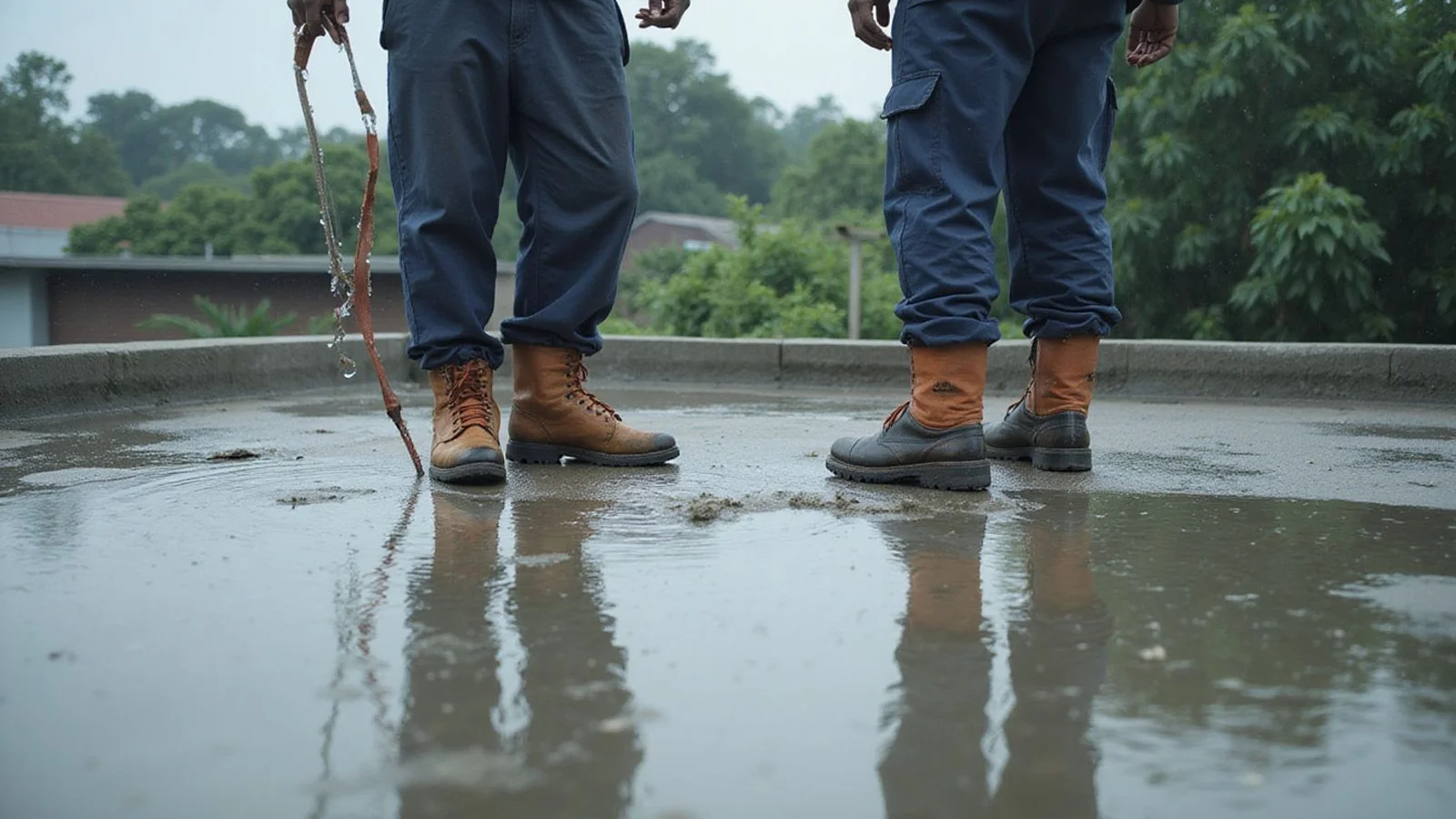 Ponding water on a flat concrete roof slab after rain