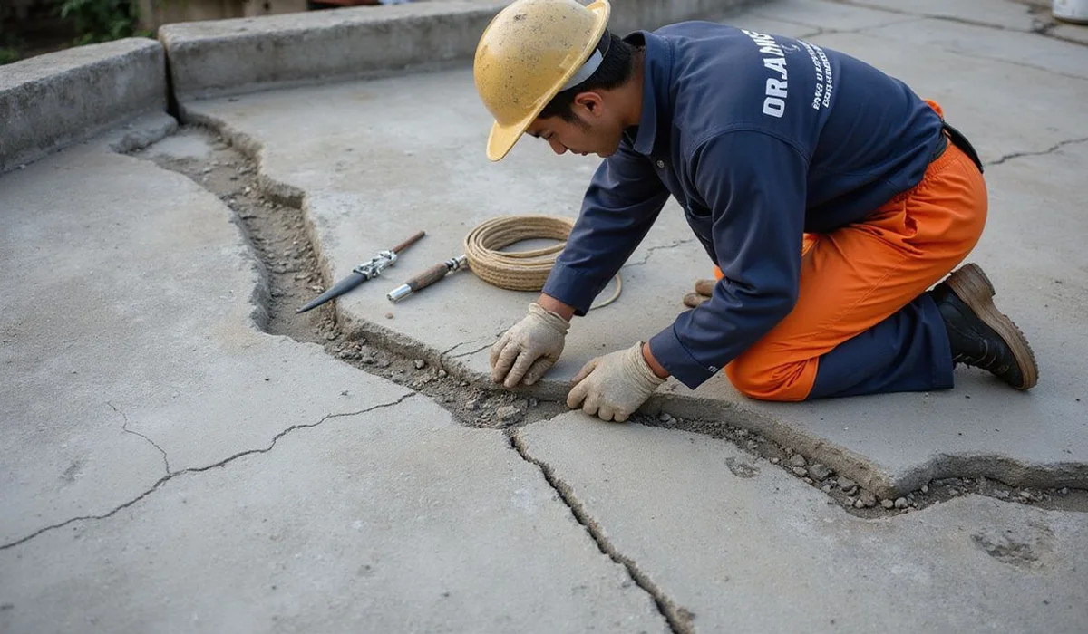 PU injection ports drilled into a concrete slab along a visible crack