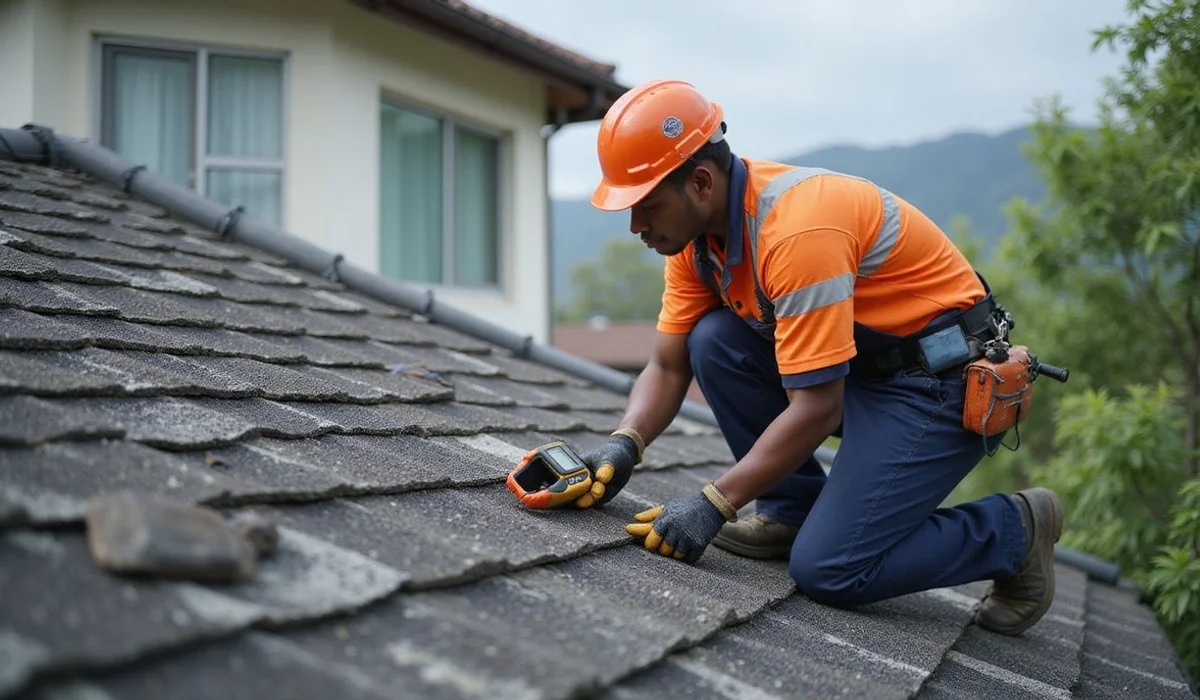 Roofer inspecting ridge cap for moisture during leak repair in Puchong