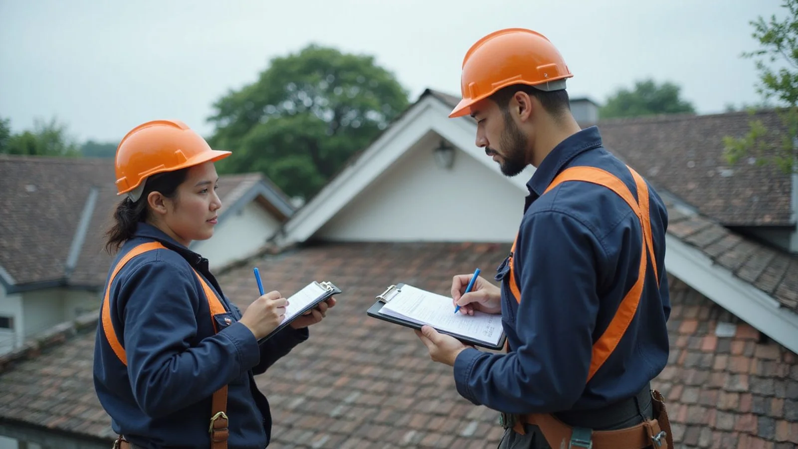 Roofer writing a repair estimate on a clipboard beside a residential roof