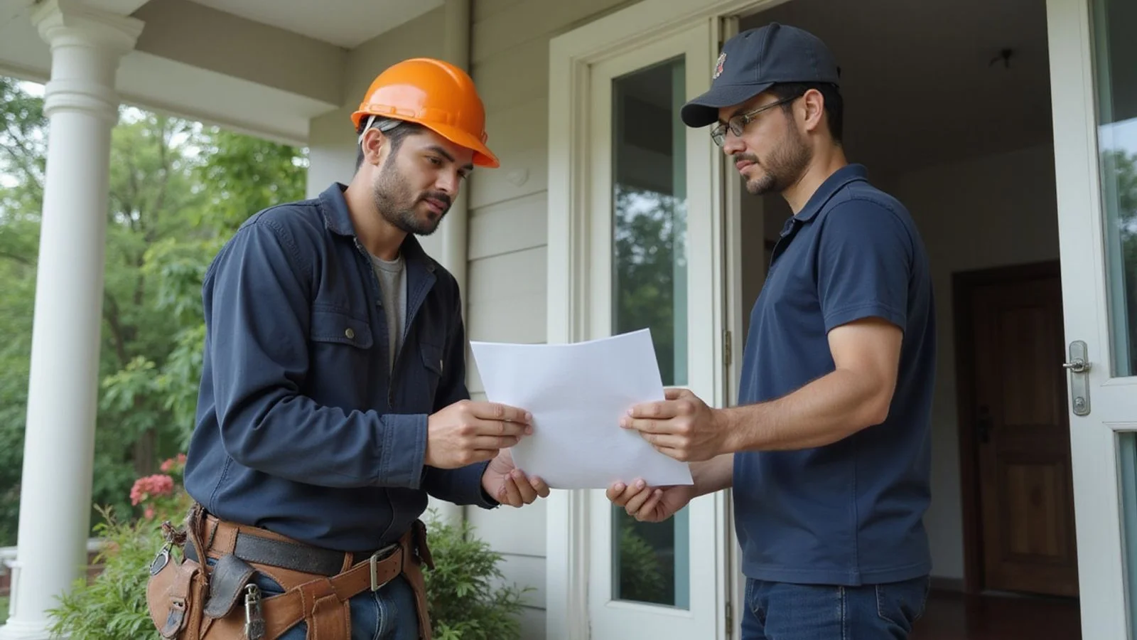 Roofing contractor discussing a quote with a homeowner at the doorstep