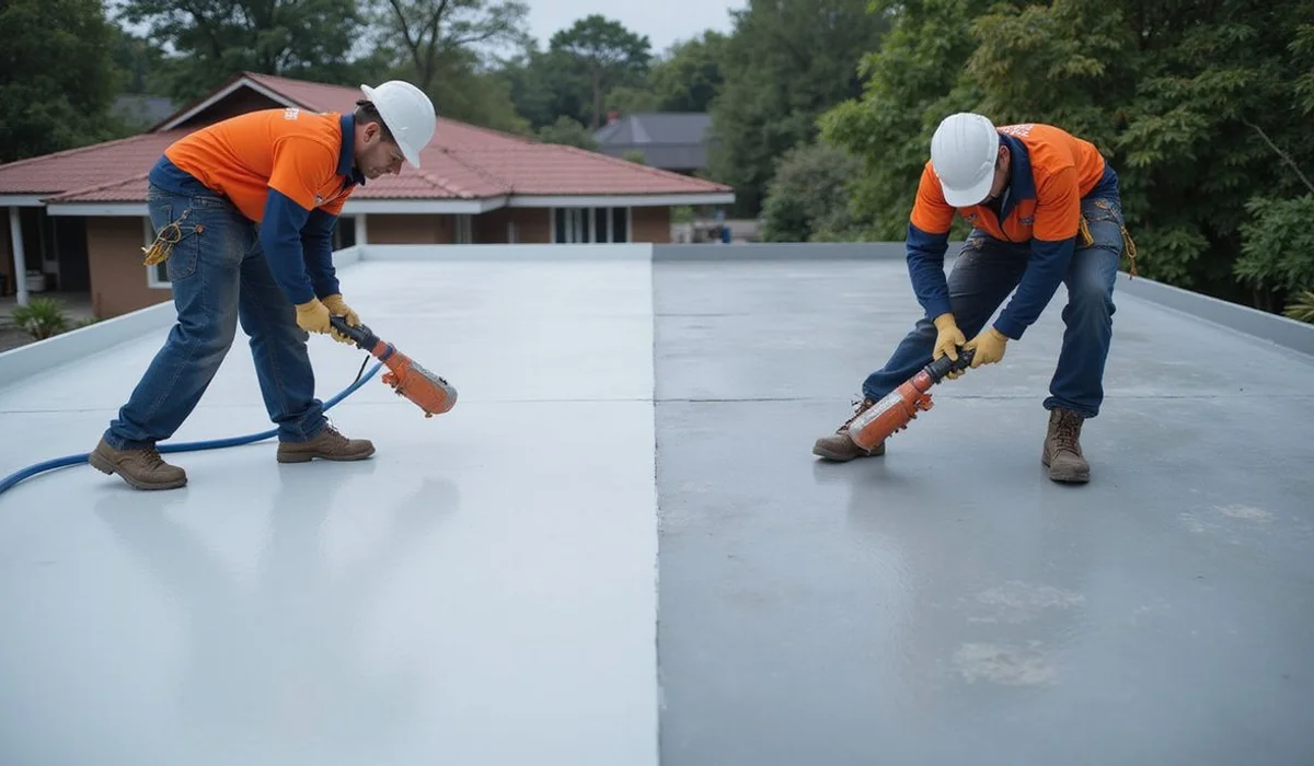 Side-by-side comparison of torch-on sheet and liquid coating