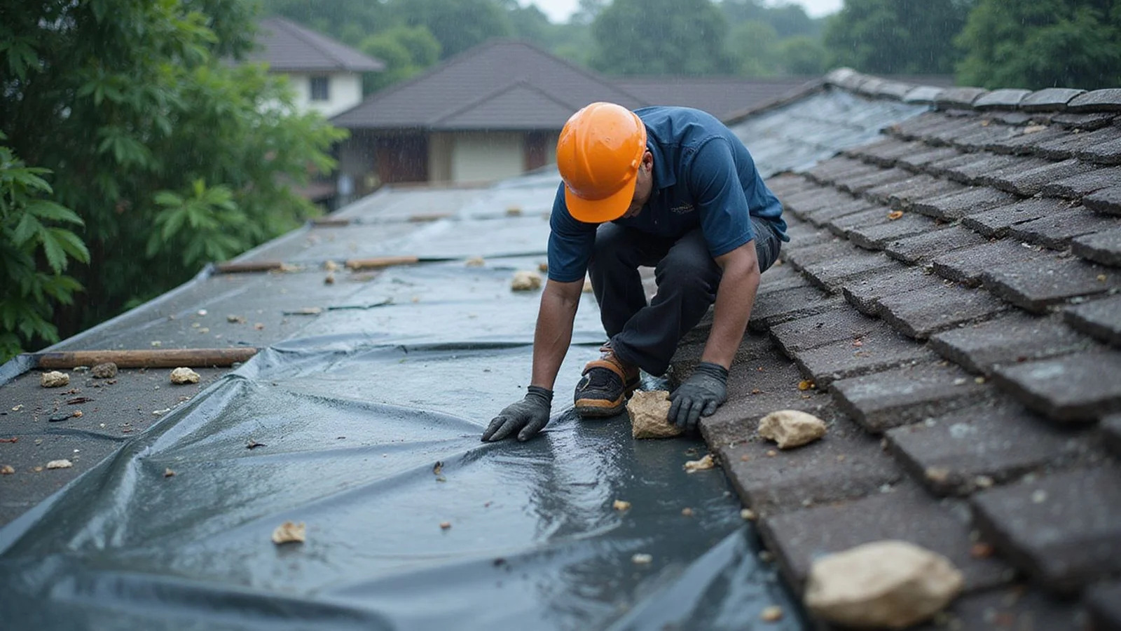 Tarpaulin temporarily covering a leaking section of roof during rain