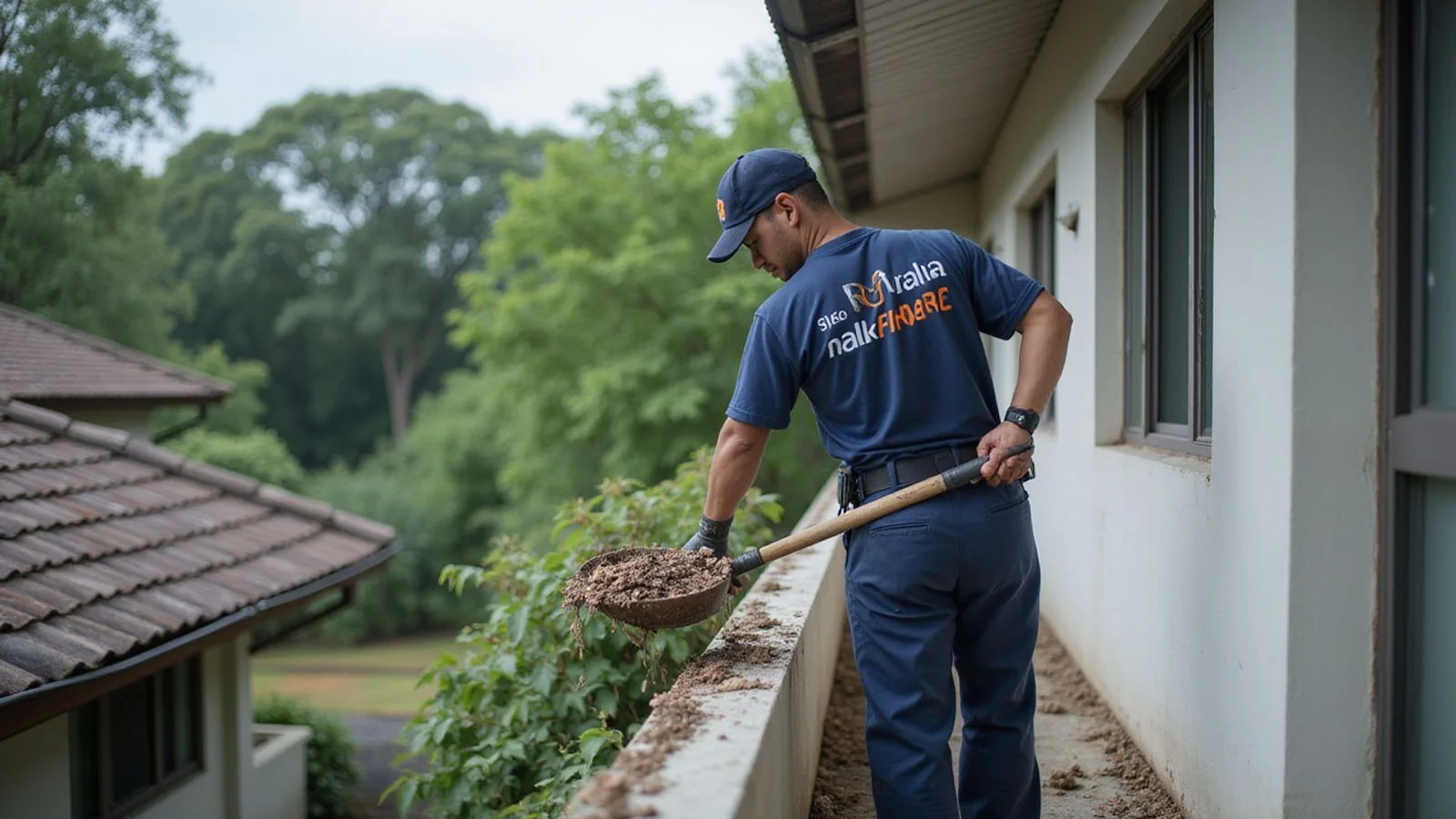 Technician scooping debris from a residential gutter