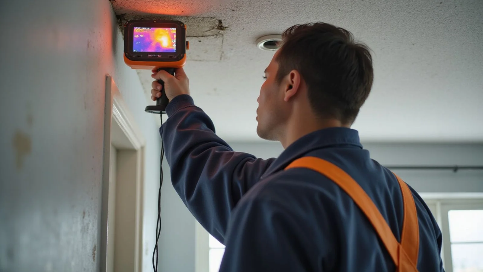 Technician using a thermal imaging camera on a ceiling to find a roof leak