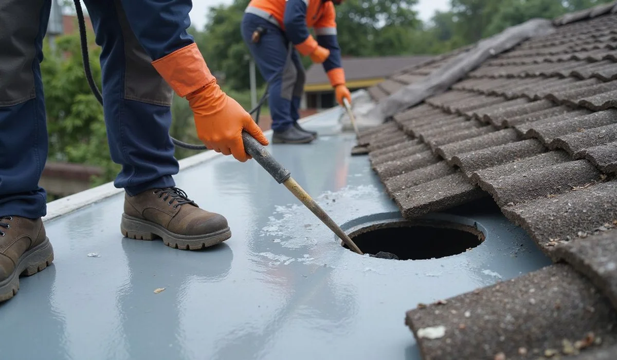 UV-damaged liquid waterproof coating with cracking near a drain