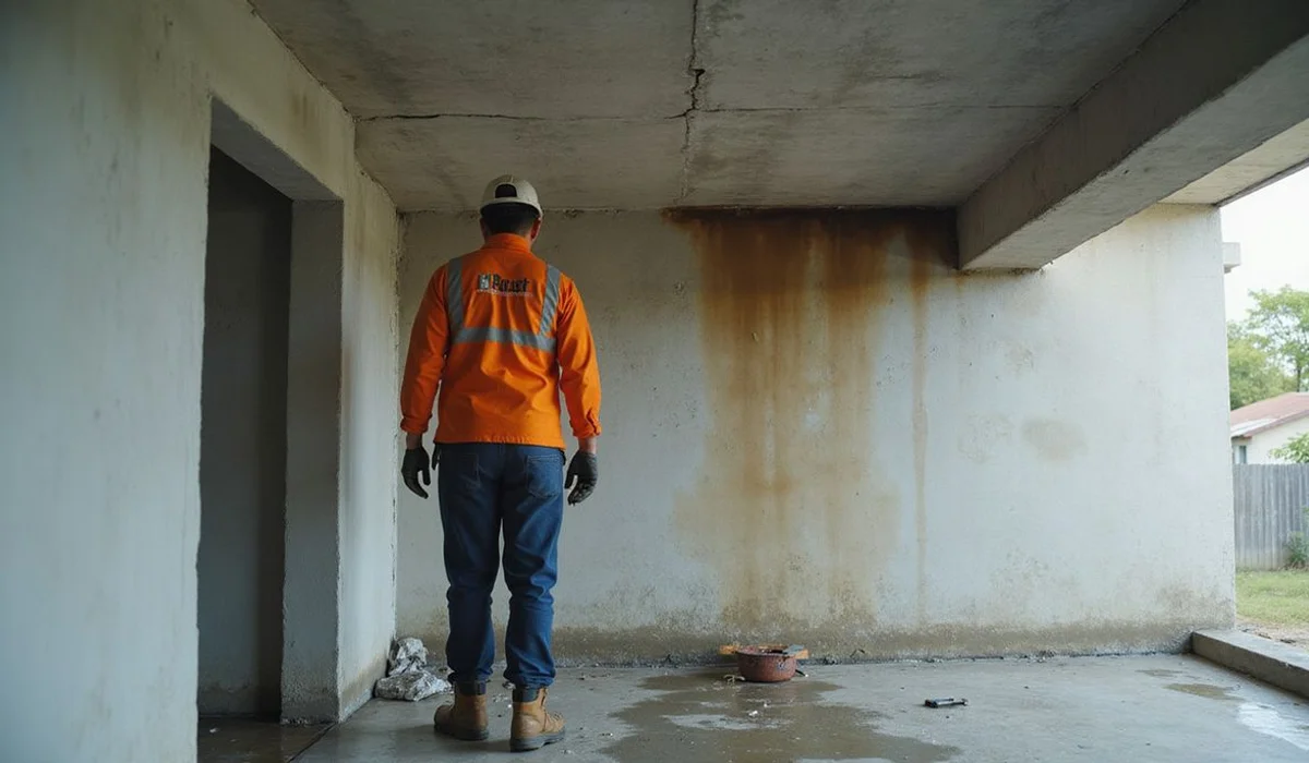 Water staining on the concrete ceiling below a leaking flat roof