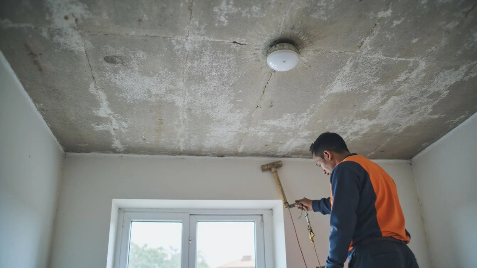 White efflorescence and damp staining on a concrete ceiling