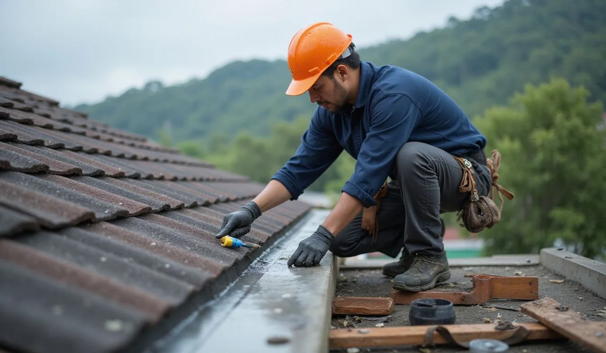 Worker applying a permanent repair after the rain has cleared
