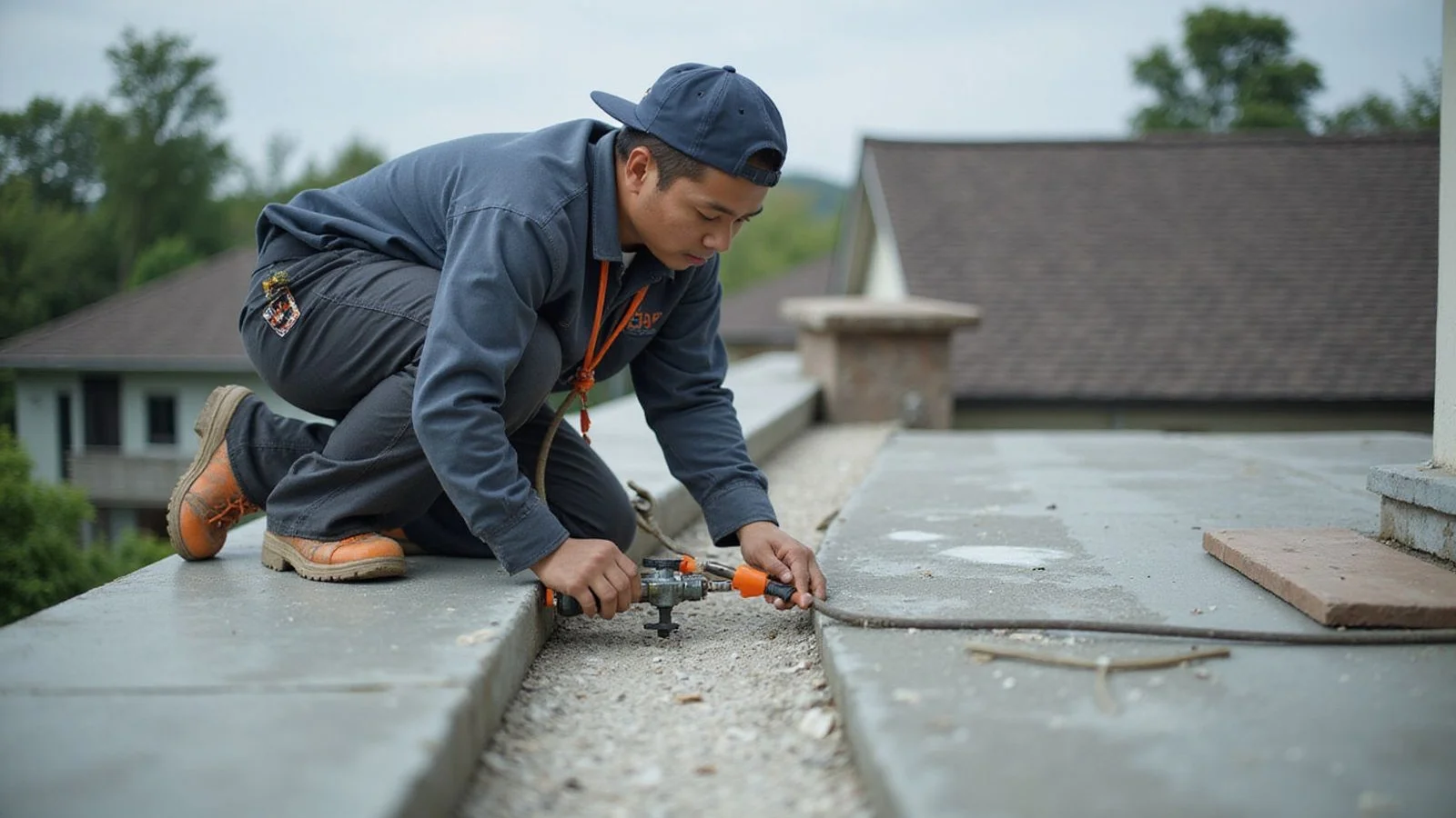Worker injecting polyurethane resin into a concrete slab crack with a pressure pump