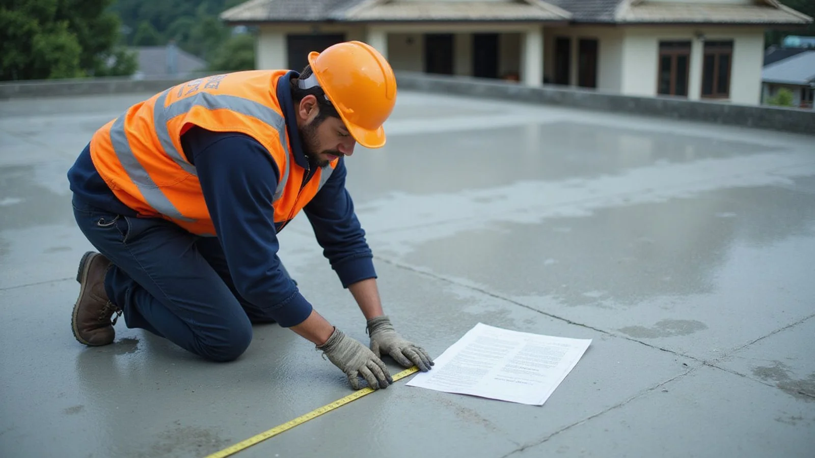 Worker measuring a flat roof area for a waterproofing quote