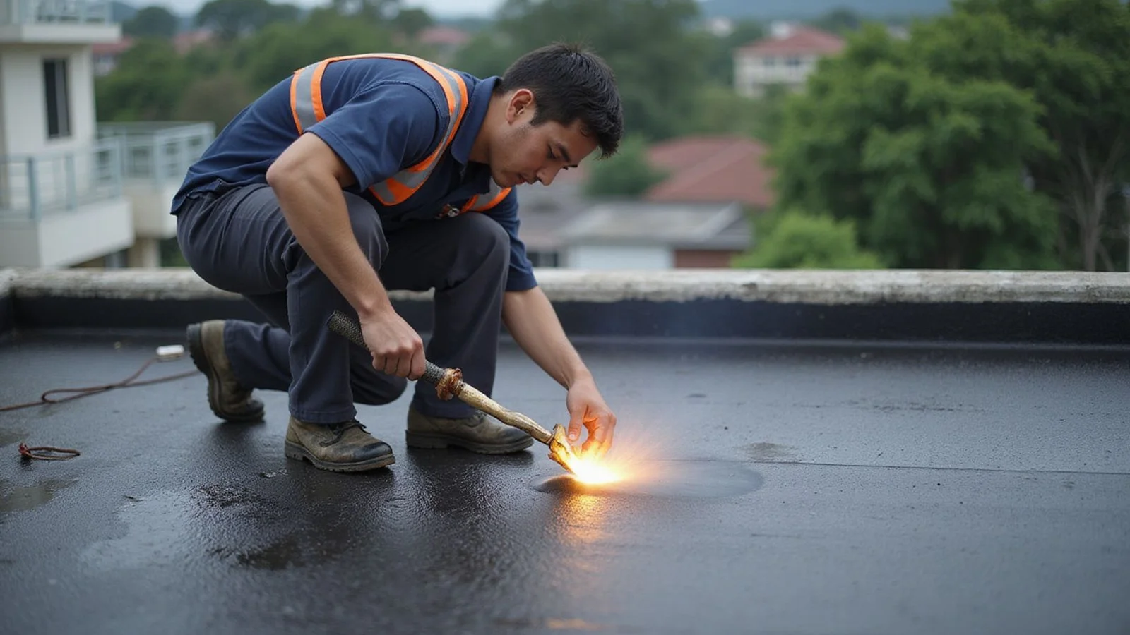 Worker torching SBS-modified bituminous membrane onto a flat roof